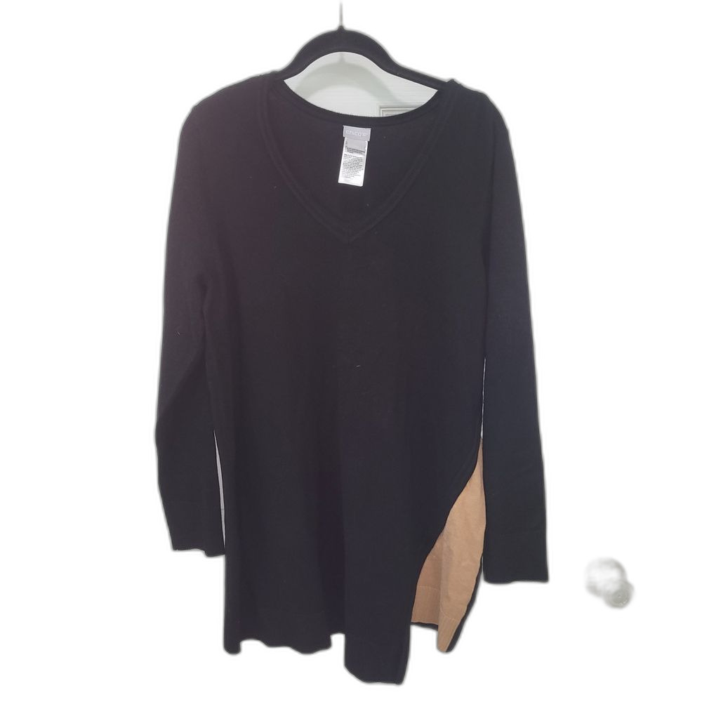 Chico's Black V-Neck Sweater with Tan Accent - (Chico's 2)